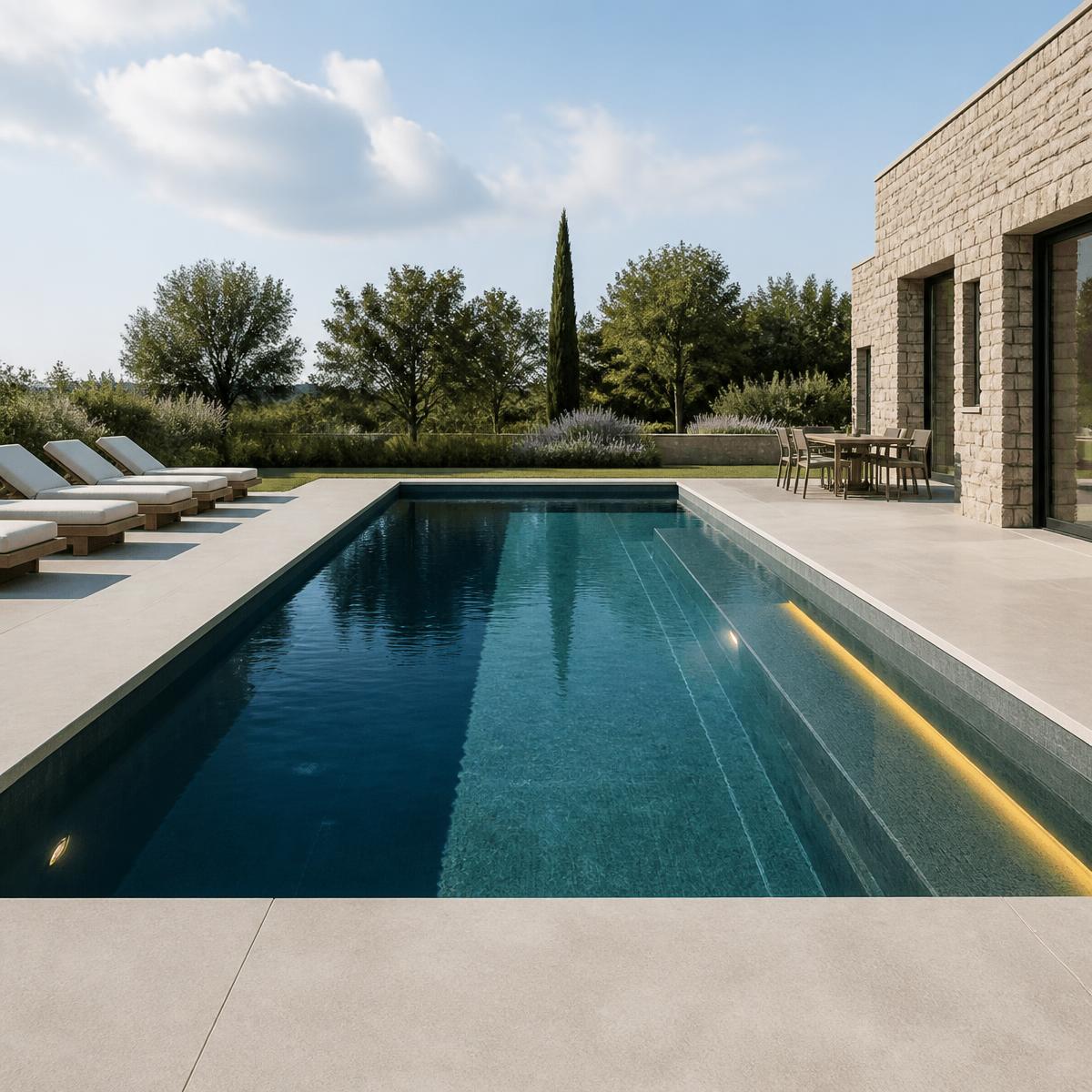 Piscine en béton armé avec banquette et éclairage intégré