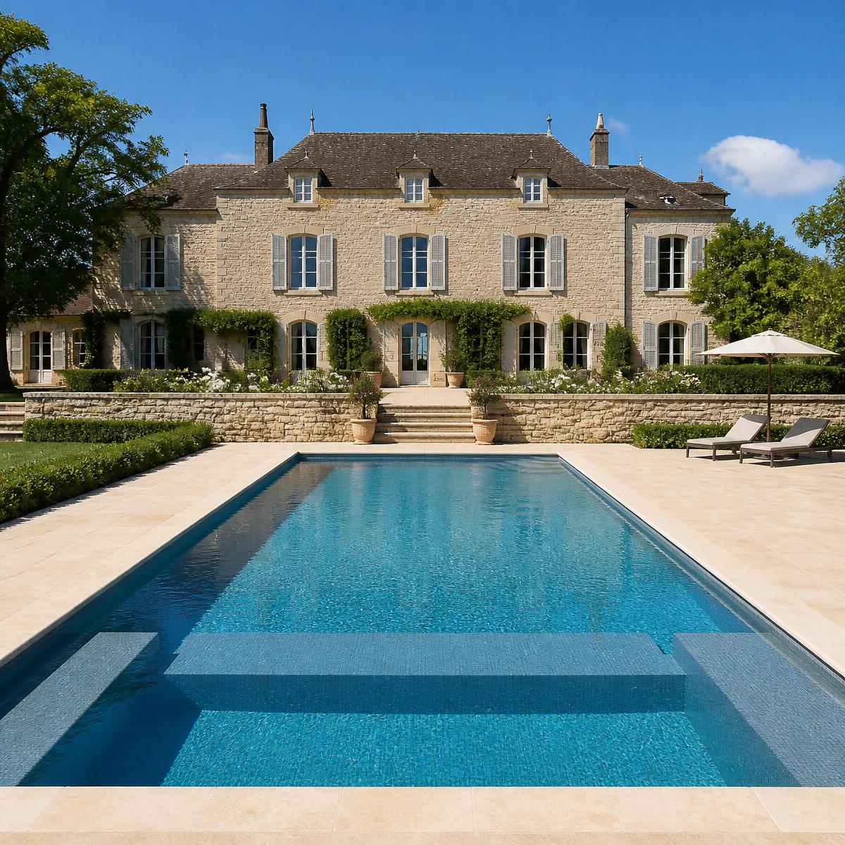 Piscine rectangulaire devant une maison en pierre