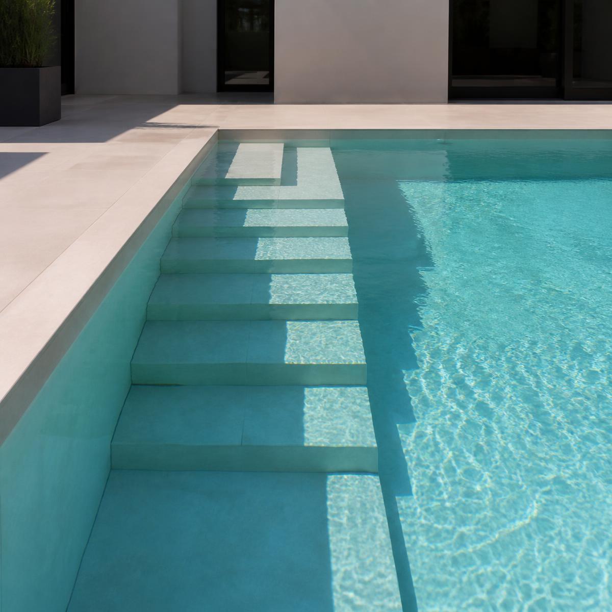 Escalier de piscine pleine largeur en grès cérame