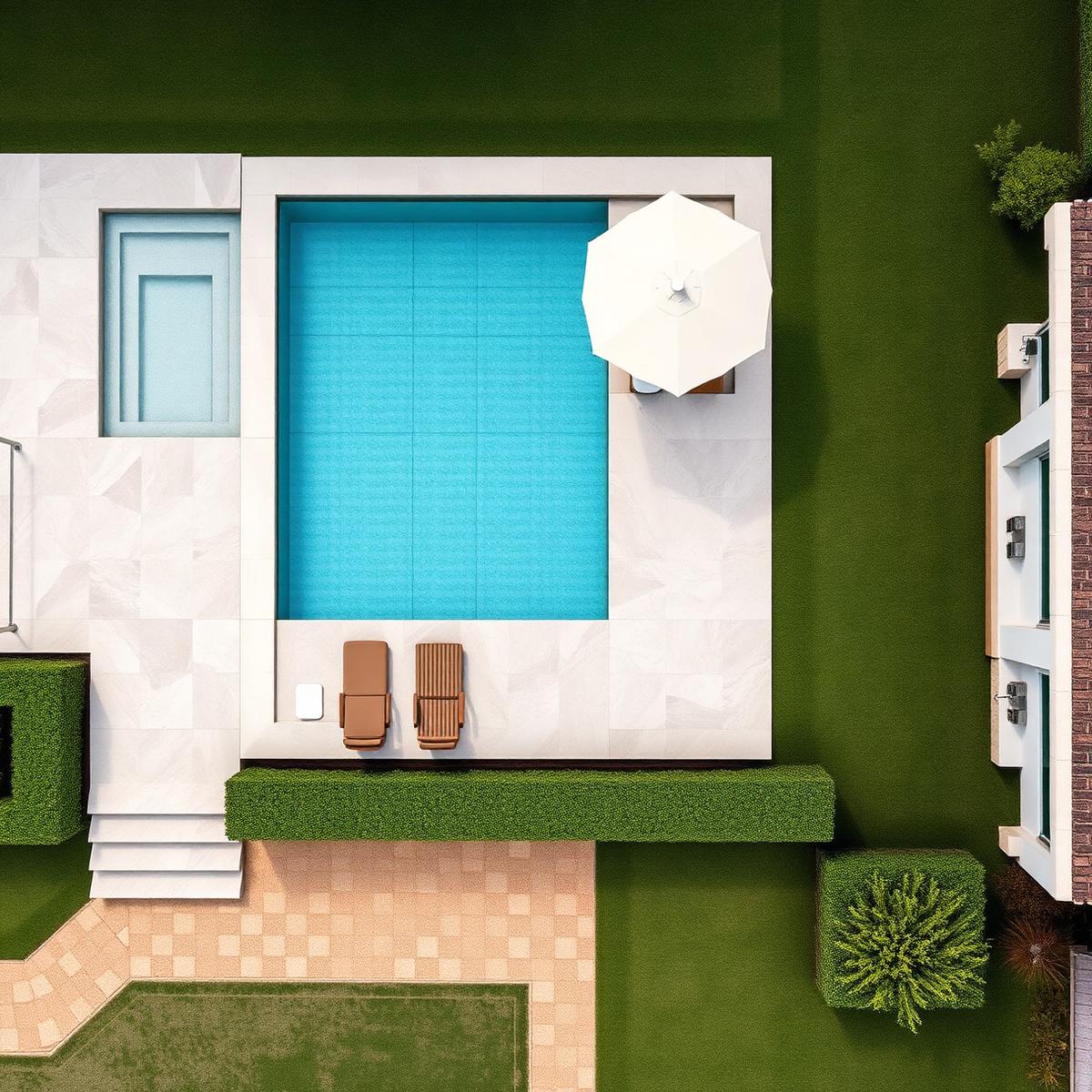 Vue aérienne d'une piscine intégrée à un jardin