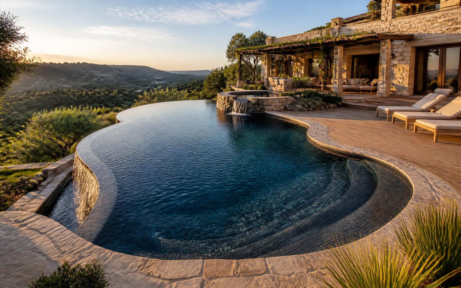 Piscine en béton sur mesure à débordement avec spa intégré et forme libre organique