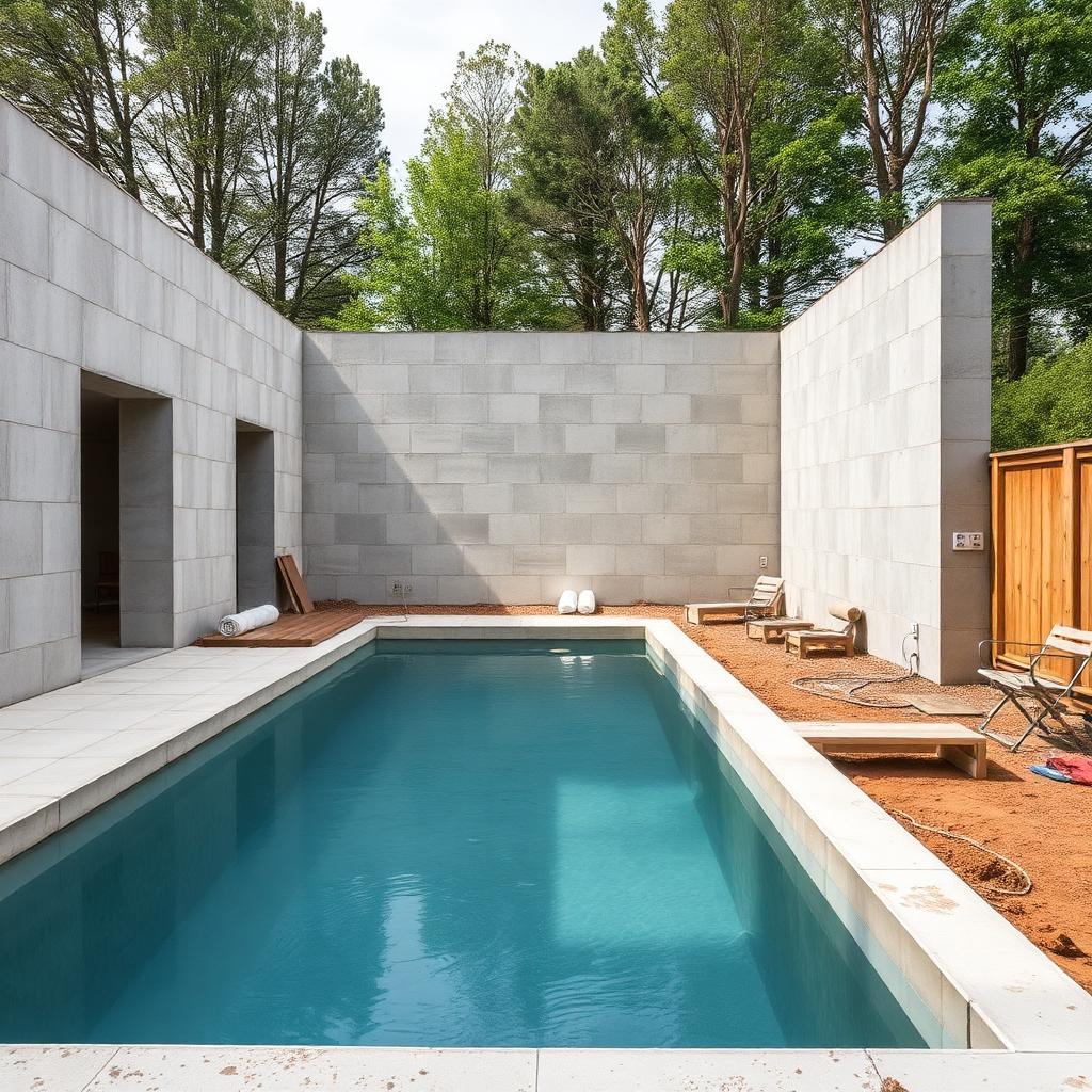 Chantier de construction d'une piscine en béton armé